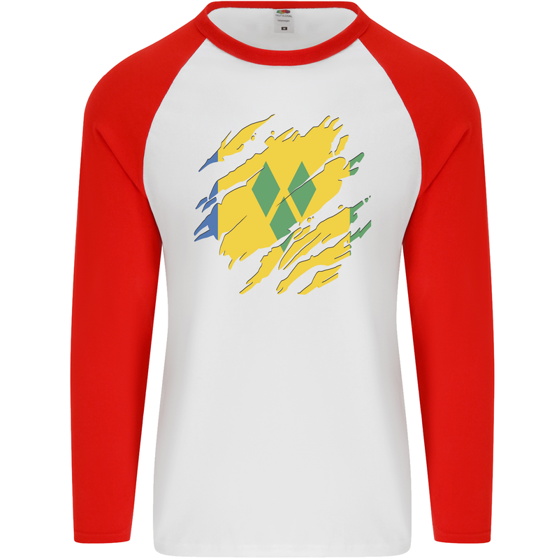 Torn Saint Vincent and Grenadines Flag Football Mens L/S Baseball T-Shirt White/Red