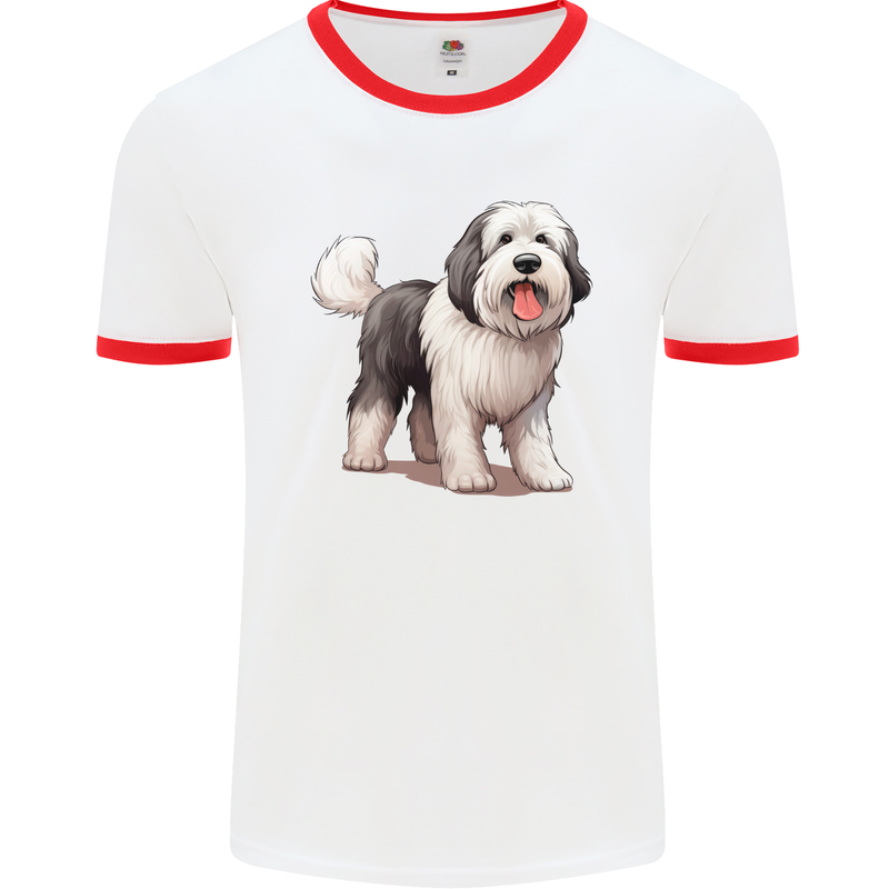 Old English Sheepdog Dog Mens Ringer T-Shirt White/Red