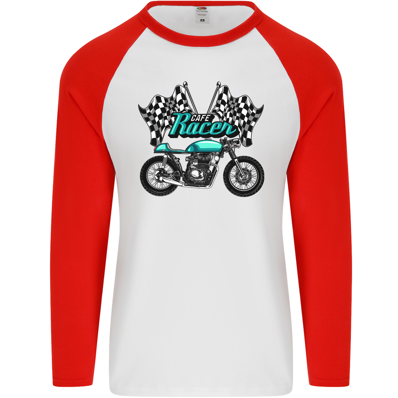 Cafe Racer Biker Motorcycle Motorbike Mens L/S Baseball T-Shirt White/Red