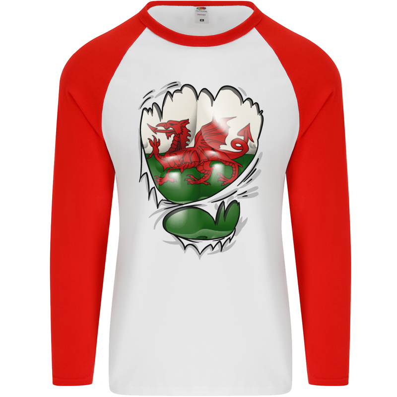 Gym The Welsh Flag Ripped Muscles Wales Mens L/S Baseball T-Shirt White/Red