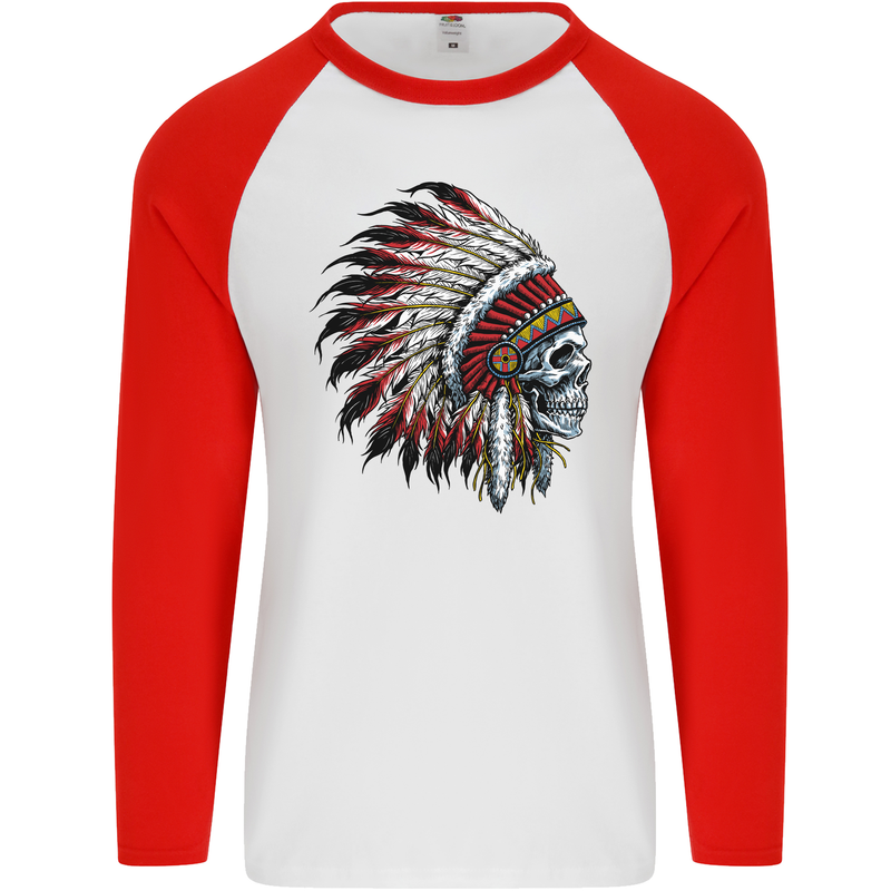 Indian Skull Headdress Biker Motorbike Mens L/S Baseball T-Shirt White/Red