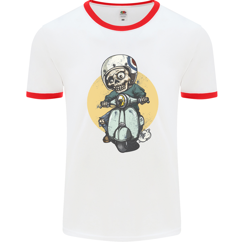 Mod Scooter Moped Skull Mens Ringer T-Shirt White/Red