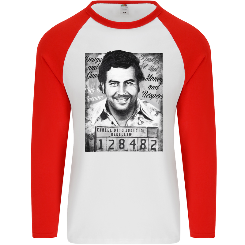Pablo Escobar Mug Shot Mens L/S Baseball T-Shirt White/Red