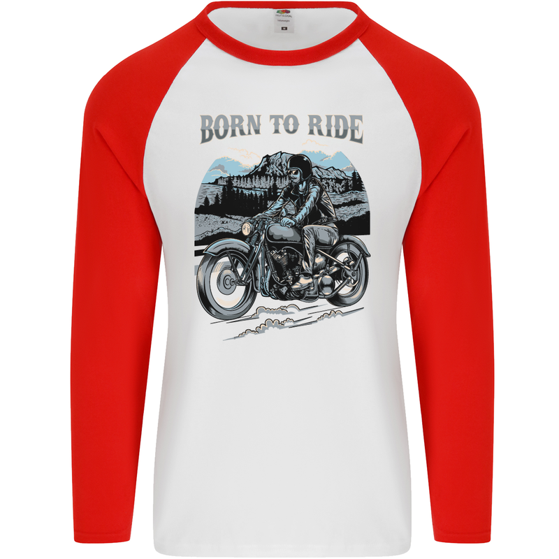 Born to Ride Motorbike Motorcycle Biker Mens L/S Baseball T-Shirt White/Red