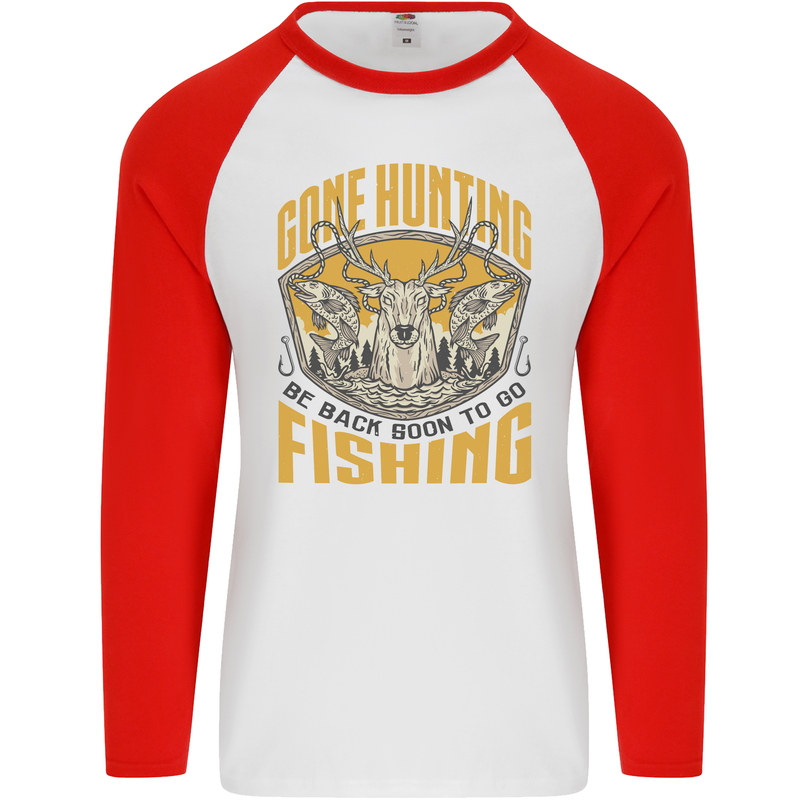 Gone Hunting Then Fishing Funny Hunter Mens L/S Baseball T-Shirt White/Red