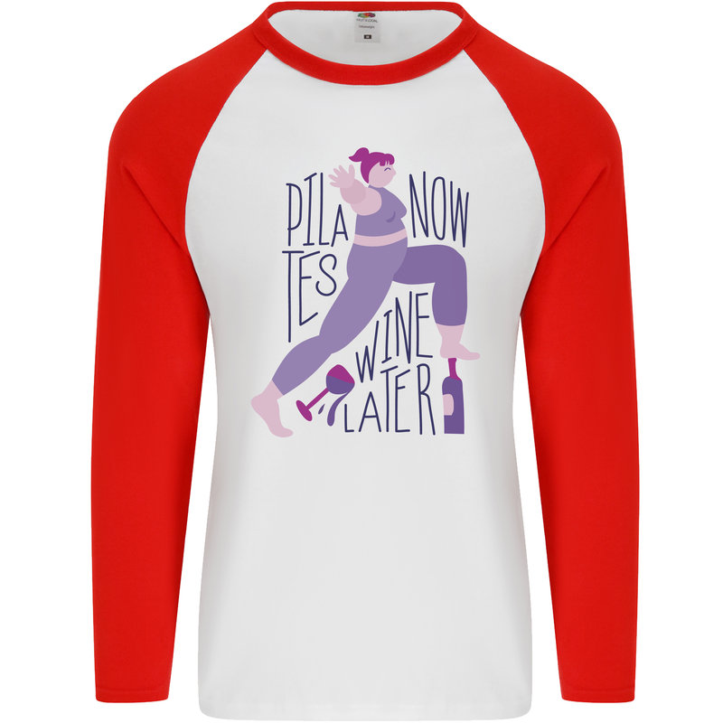 Yoga Pilates Now Wine Later Funny Alcohol Mens L/S Baseball T-Shirt White/Red