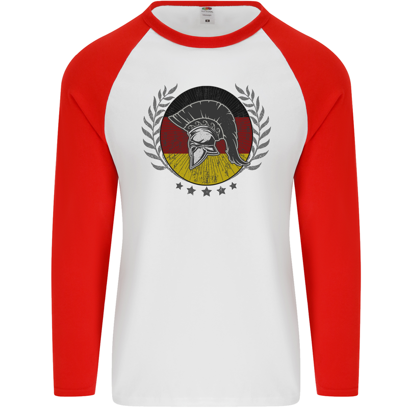 German Bodybuilding Flag Gym Training Spartan Mens L/S Baseball T-Shirt White/Red