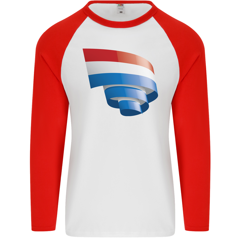 Curled Netherlands Flag Holland Dutch Day Football Mens L/S Baseball T-Shirt White/Red