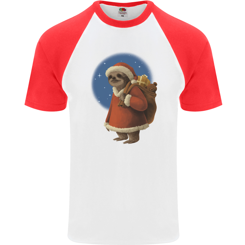 Santa Sloth Funny Christmas Xmas Mens S/S Baseball T-Shirt White/Red