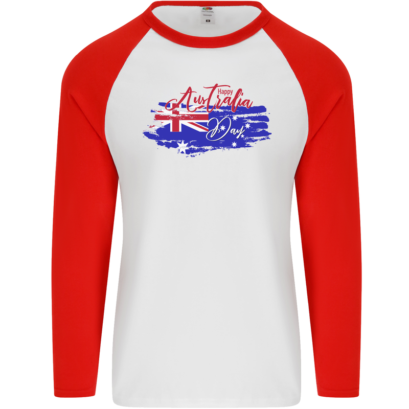 Happy Australia National Day Flag Mens L/S Baseball T-Shirt White/Red