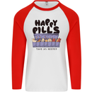 Cats Happy Pills Funny Feline Mens L/S Baseball T-Shirt White/Red