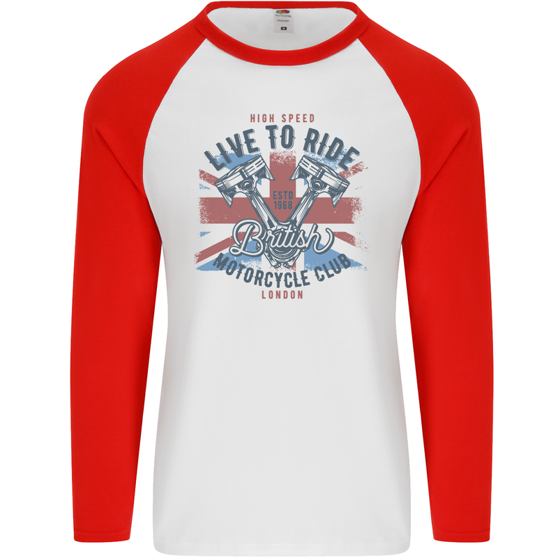 British Motorcycle Club Live to Ride Biker Mens L/S Baseball T-Shirt White/Red