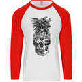 Pineapple Skull Surf Surfing Surfer Holiday Mens L/S Baseball T-Shirt White/Red