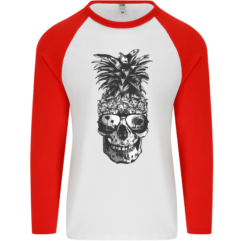 Pineapple Skull Surf Surfing Surfer Holiday Mens L/S Baseball T-Shirt White/Red