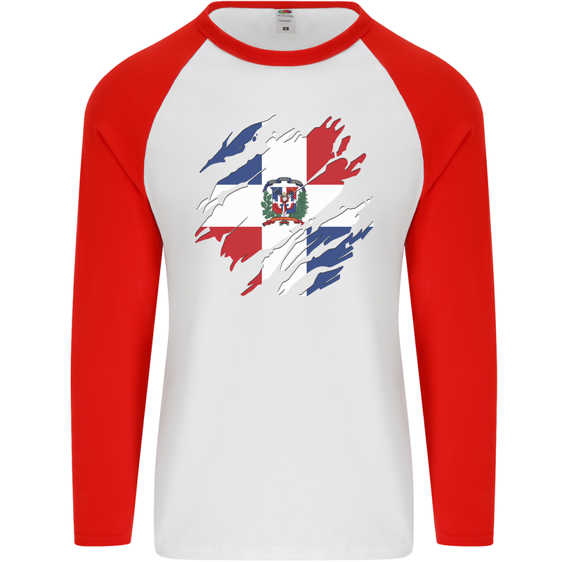 Torn Dominican Republic Flag Dominicanos Day Mens L/S Baseball T-Shirt White/Red