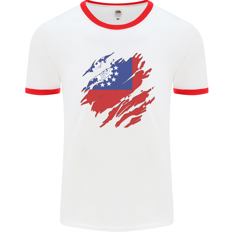 Torn Myanmar Flag Burmese Day Football Mens Ringer T-Shirt White/Red