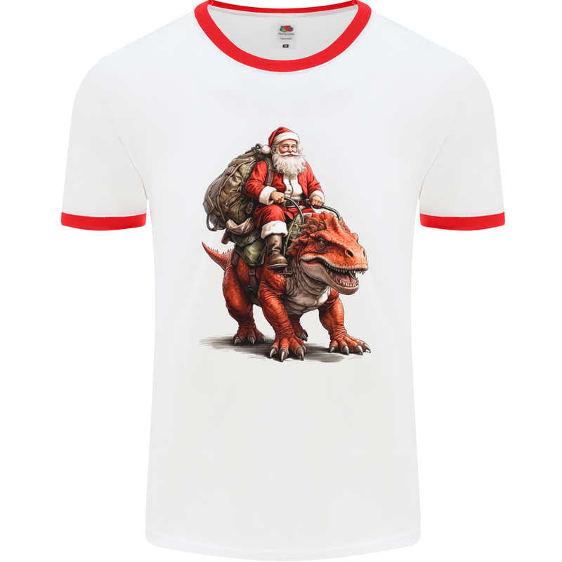 Christmas Santa Riding a Dinosaur Xmas Mens Ringer T-Shirt White/Red