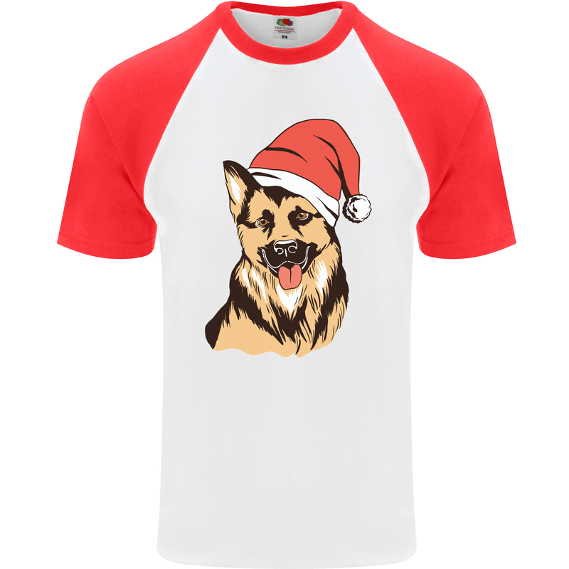 Christmas German Shepherd Dog Xmas Alsatian Mens S/S Baseball T-Shirt White/Red