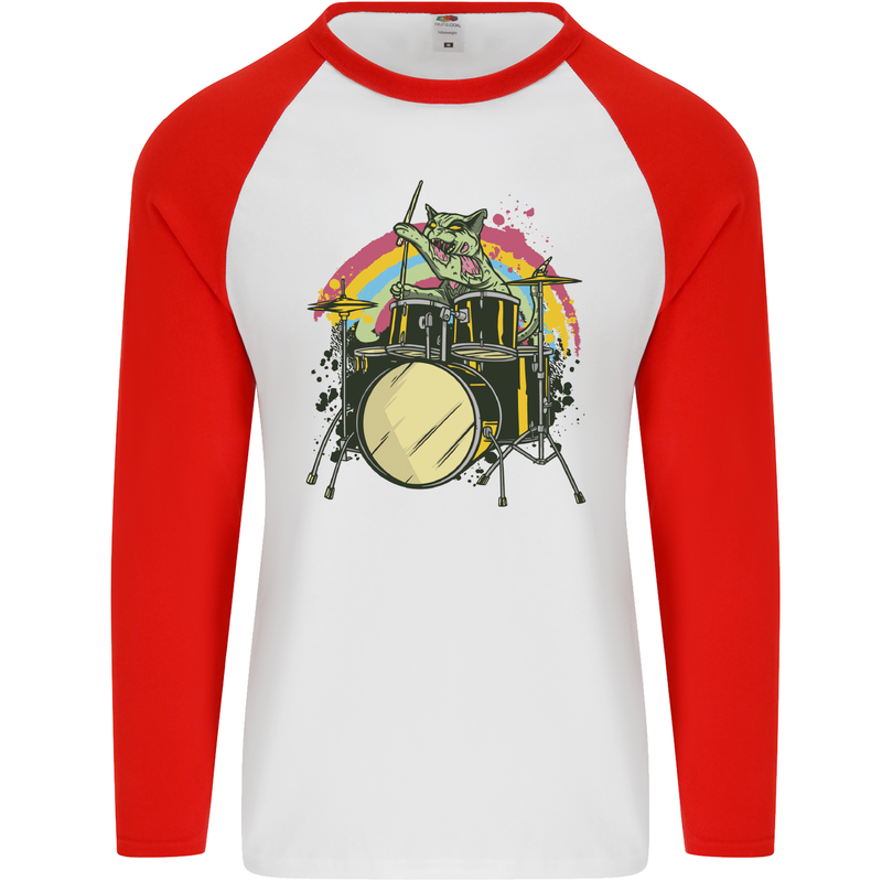 Zombie Cat Drummer Mens L/S Baseball T-Shirt White/Red