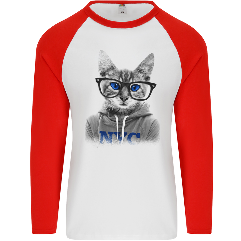 New York City Cat With Glasses Mens L/S Baseball T-Shirt White/Red