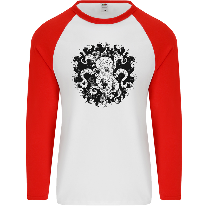 An Octopus in the Deep Ocean Sailing Sailor Mens L/S Baseball T-Shirt White/Red