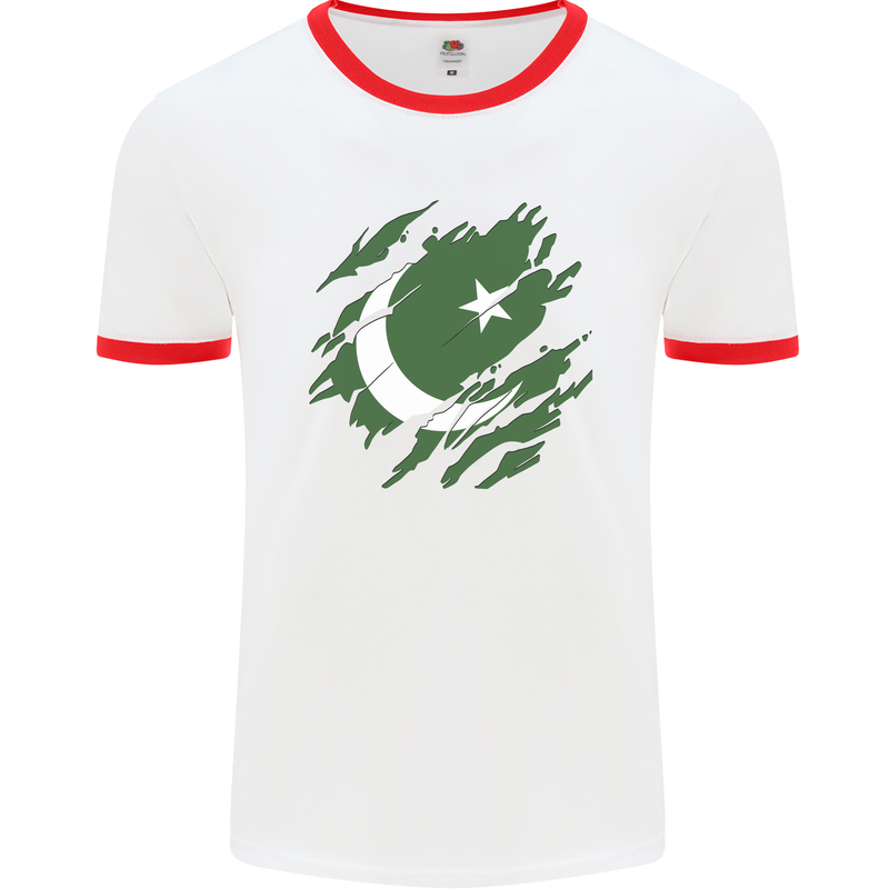 Torn Pakistan Flag Pakistani Day Football Mens Ringer T-Shirt White/Red