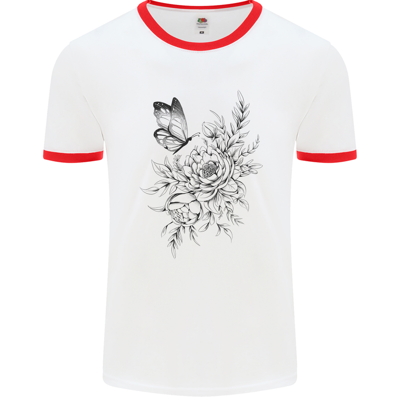 Butterfly & Flowers Mens Ringer T-Shirt White/Red