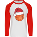 A Basketball Wearing a Christmas Hat Xmas Mens L/S Baseball T-Shirt White/Red