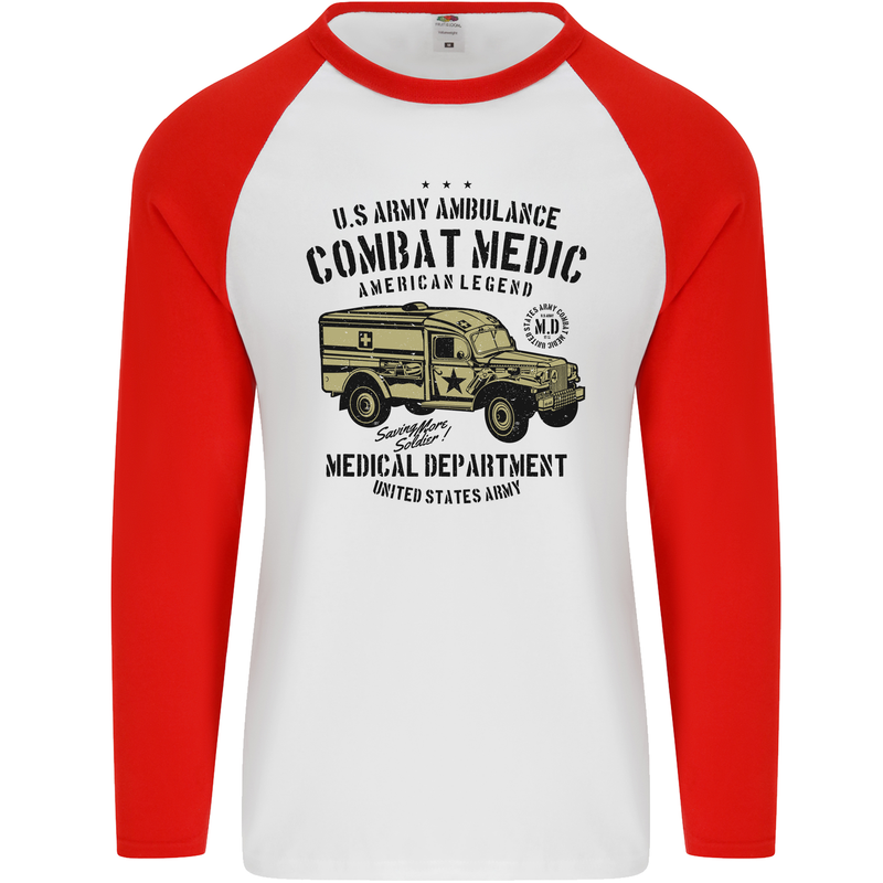 Army Ambulance Military Paramedic Medic Mens L/S Baseball T-Shirt White/Red