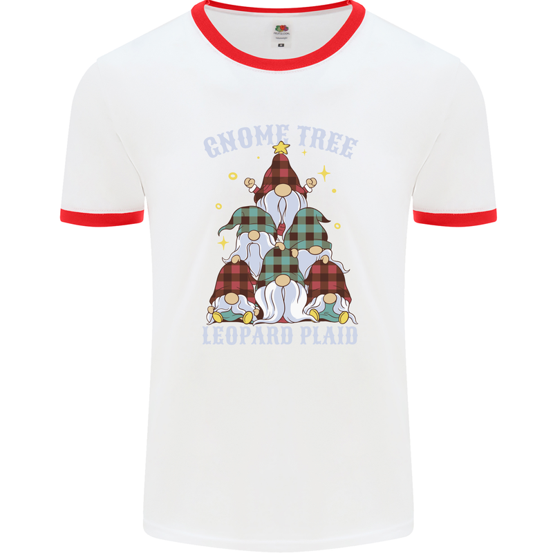 Christmas Gnome Tree Funny Xmas Plaid Tartan Mens Ringer T-Shirt White/Red