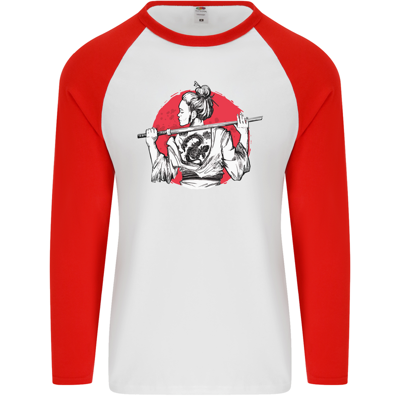 Samurai Tattoo Girl MMA Kenjutsu Kendo Iaido Mens L/S Baseball T-Shirt White/Red