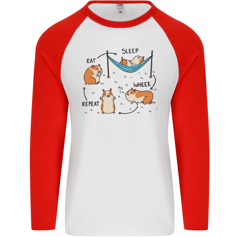 Hamster Eat Sleep Wheek Repeat Funny Mens L/S Baseball T-Shirt White/Red