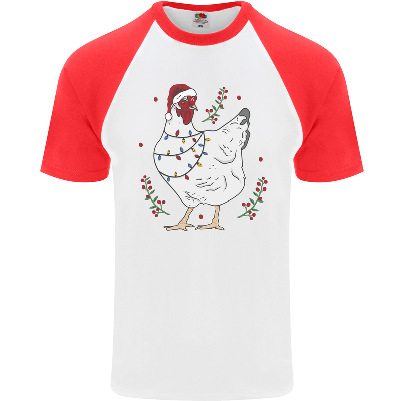 A Christmas Chicken Wearing an Xmas Hat Mens S/S Baseball T-Shirt White/Red