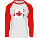 Torn Canada Flag Canadian Day Football Mens L/S Baseball T-Shirt White/Red