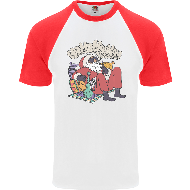 Christmas Stoned Santa Funny Weed Bong Mens S/S Baseball T-Shirt White/Red