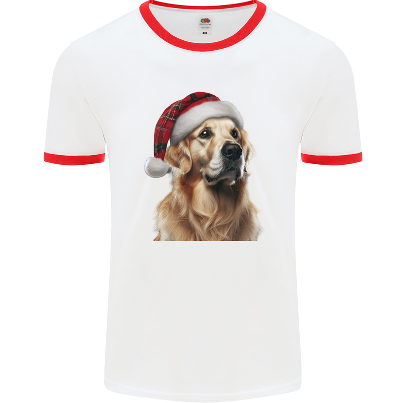 Christmas Golden Retriever Tartan Xmas Hat Dog Mens Ringer T-Shirt White/Red