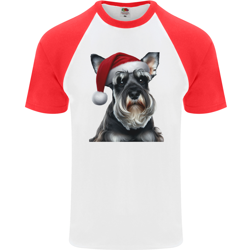 Christmas Schnauzer Dog Xmas Hat Mens S/S Baseball T-Shirt White/Red