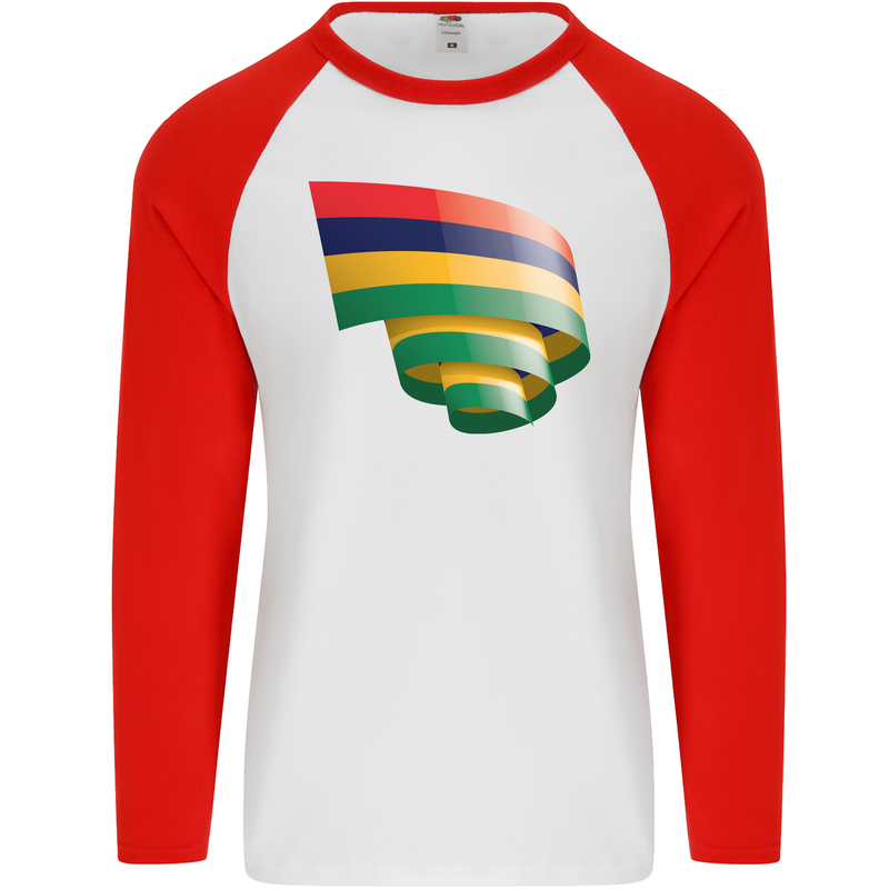 Curled Mauritius Flag Mauritians Day Football Mens L/S Baseball T-Shirt White/Red