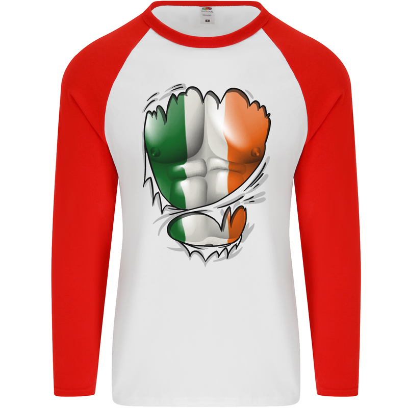 Gym Irish Tricolour Flag Muscles Ireland Mens L/S Baseball T-Shirt White/Red