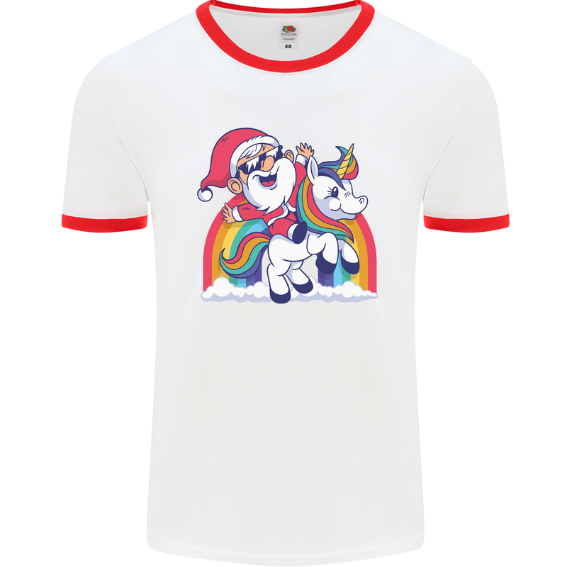 Christmas Santa Claus On a Unicorn Xmas Mens Ringer T-Shirt White/Red