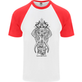 Black Mandala Art Elephant Mens S/S Baseball T-Shirt White/Red