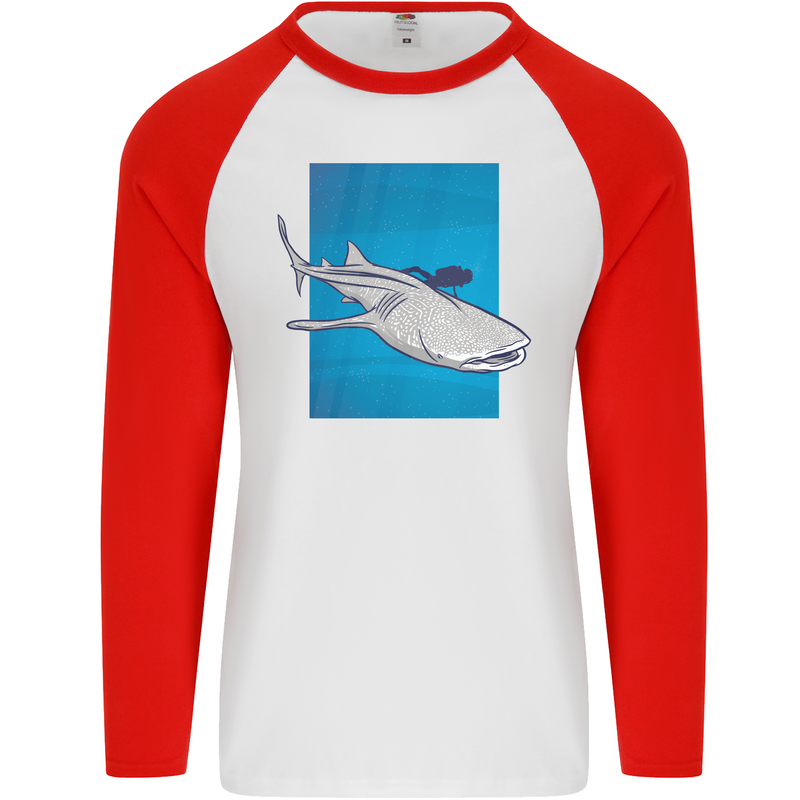 A Whale Shark and Scuba Diver Mens L/S Baseball T-Shirt White/Red