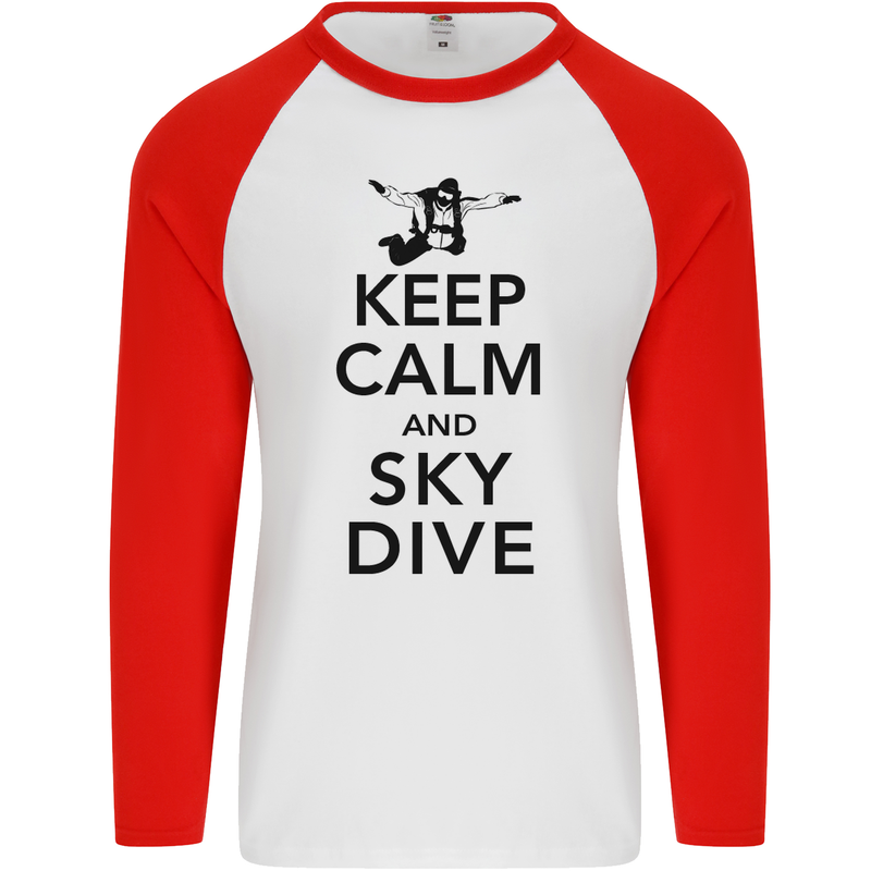 Keep Calm and Skydive Funny Skydiving Mens L/S Baseball T-Shirt White/Red