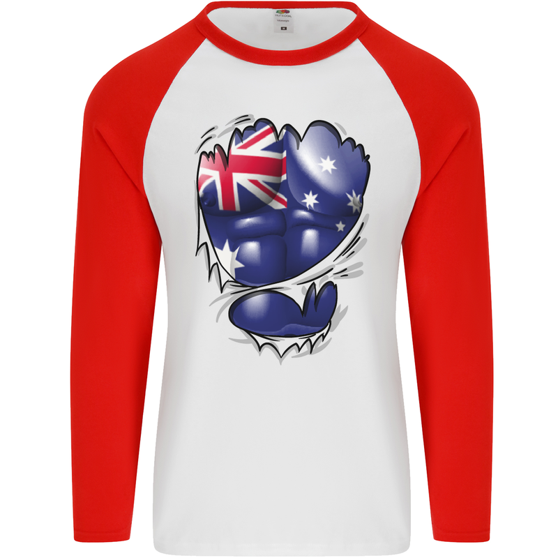 Gym Australian Flag Muscles Australia Mens L/S Baseball T-Shirt White/Red