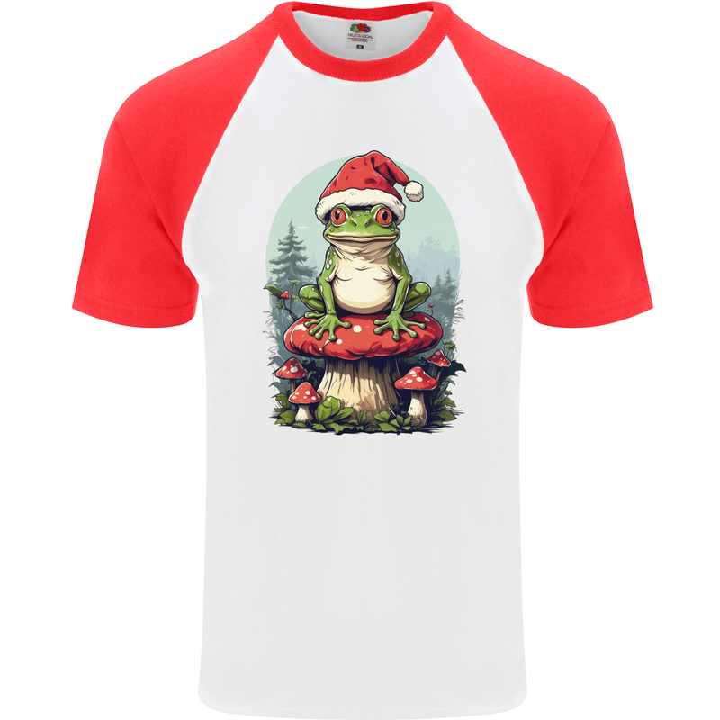 Christmas Frog Toadstool Xmas Mycology Foraging Mens S/S Baseball T-Shirt White/Red