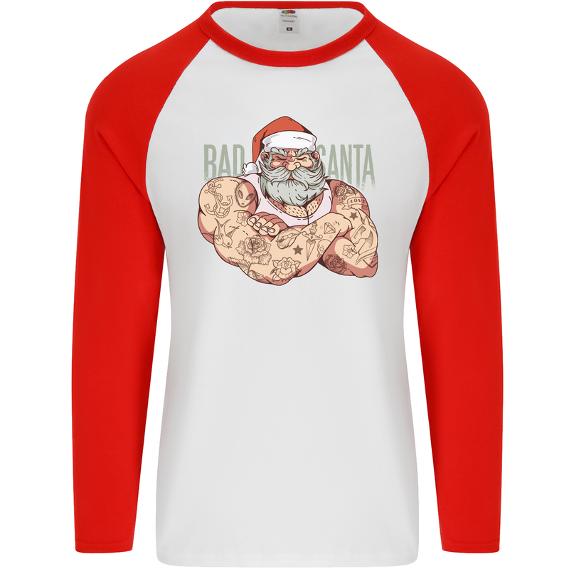 Bad Santa Christmas Tattoo Xmas Biker Gym Mens L/S Baseball T-Shirt White/Red