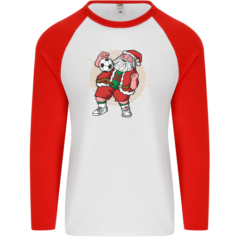 Football Santa Christmas Soccer Xmas Mens L/S Baseball T-Shirt White/Red