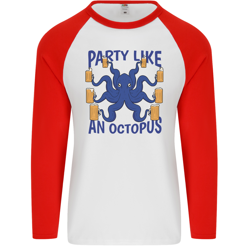 Beer Party Octopus Scuba Diving Diver Funny Mens L/S Baseball T-Shirt White/Red