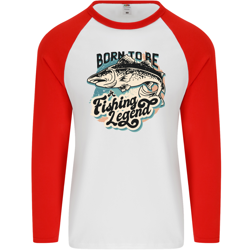 Born to Be a Fishing Legend Fisherman Mens L/S Baseball T-Shirt White/Red