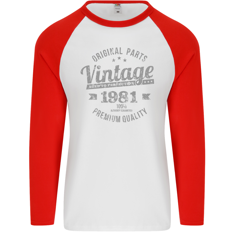 Vintage Year 42nd Birthday 1981 Mens L/S Baseball T-Shirt White/Red
